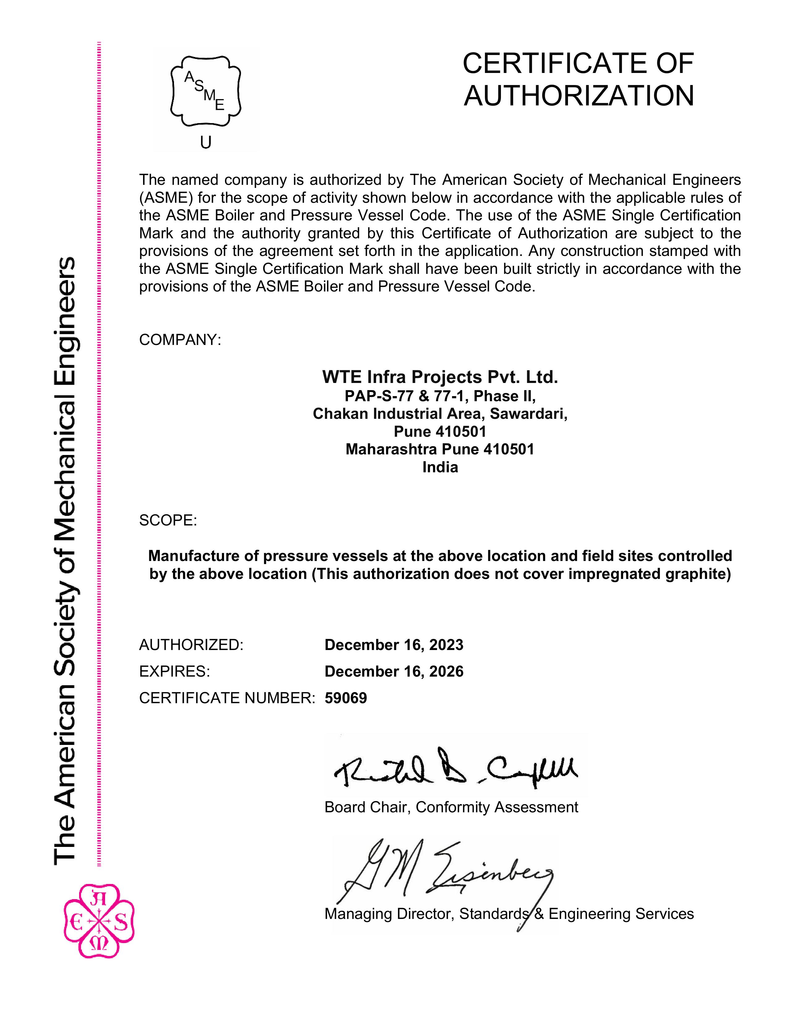 ASME U Certificate of Authorization