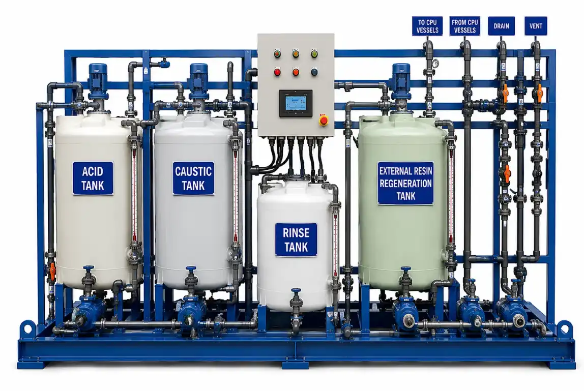 Acid caustic rinse and external resin regeneration skid