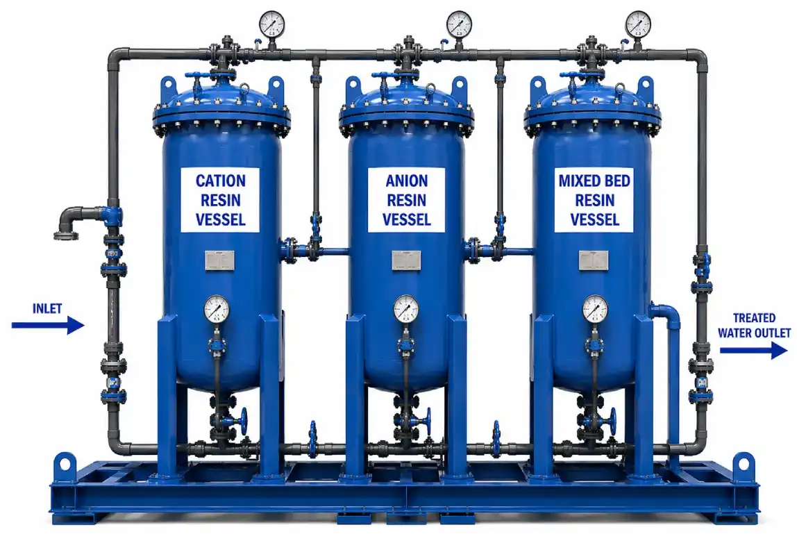 Cation anion or mixed bed resin pressure vessel installation