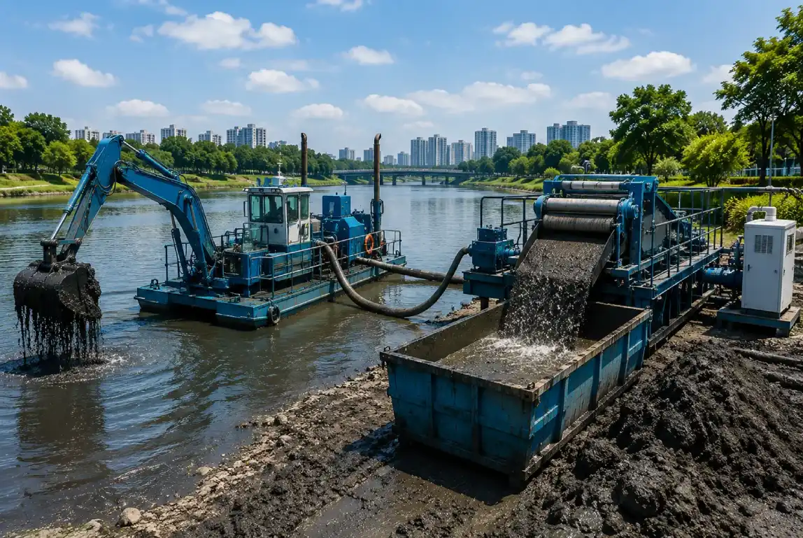 Desilting sludge collection and dewatering operation