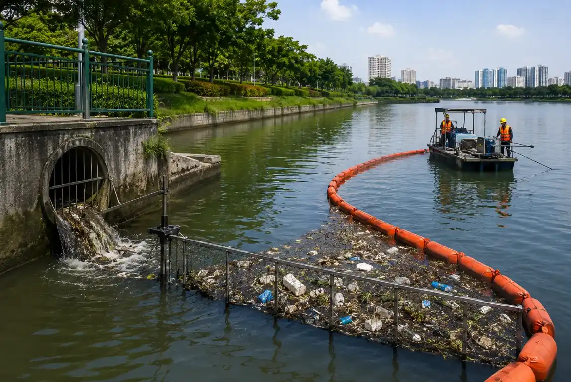 Drain interception and floating trash barrier installation