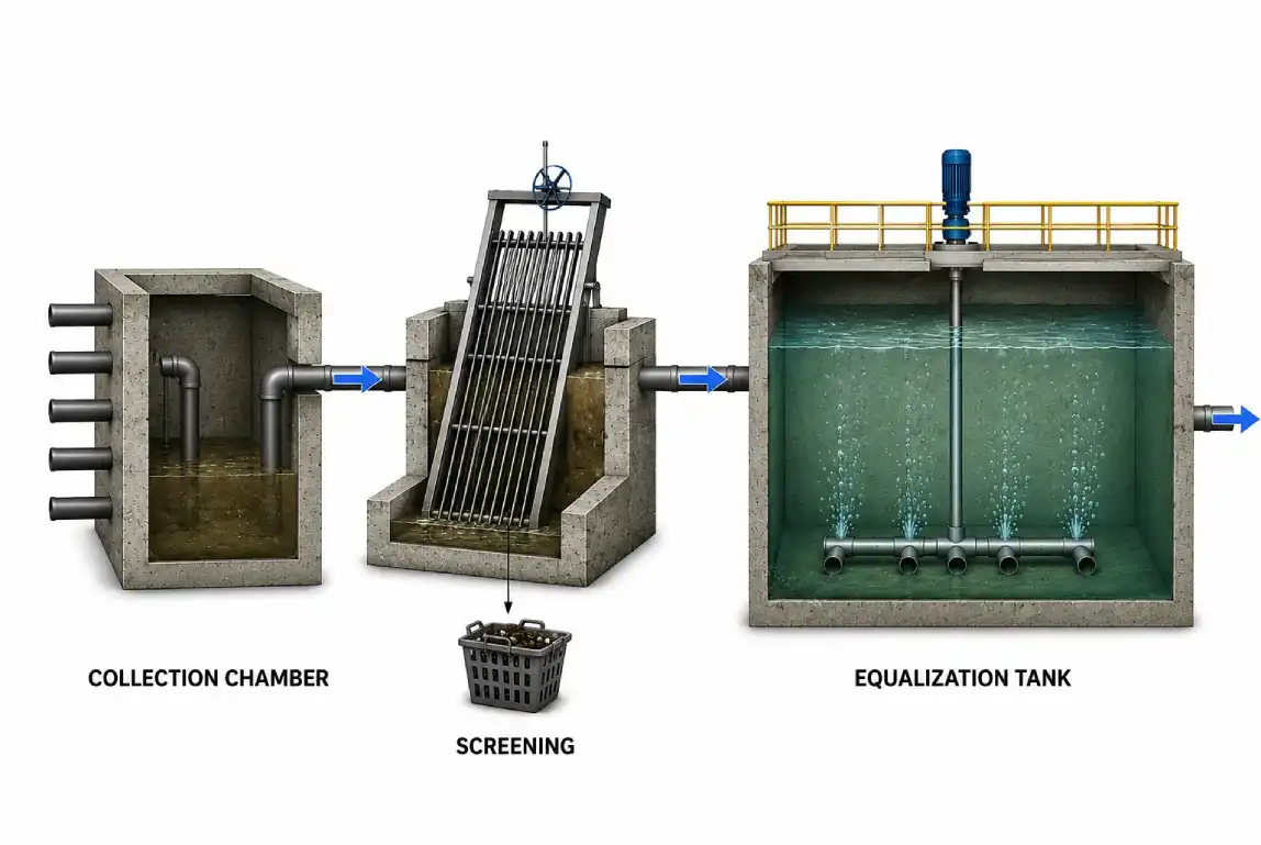 Effluent collection screening and equalization tank arrangement