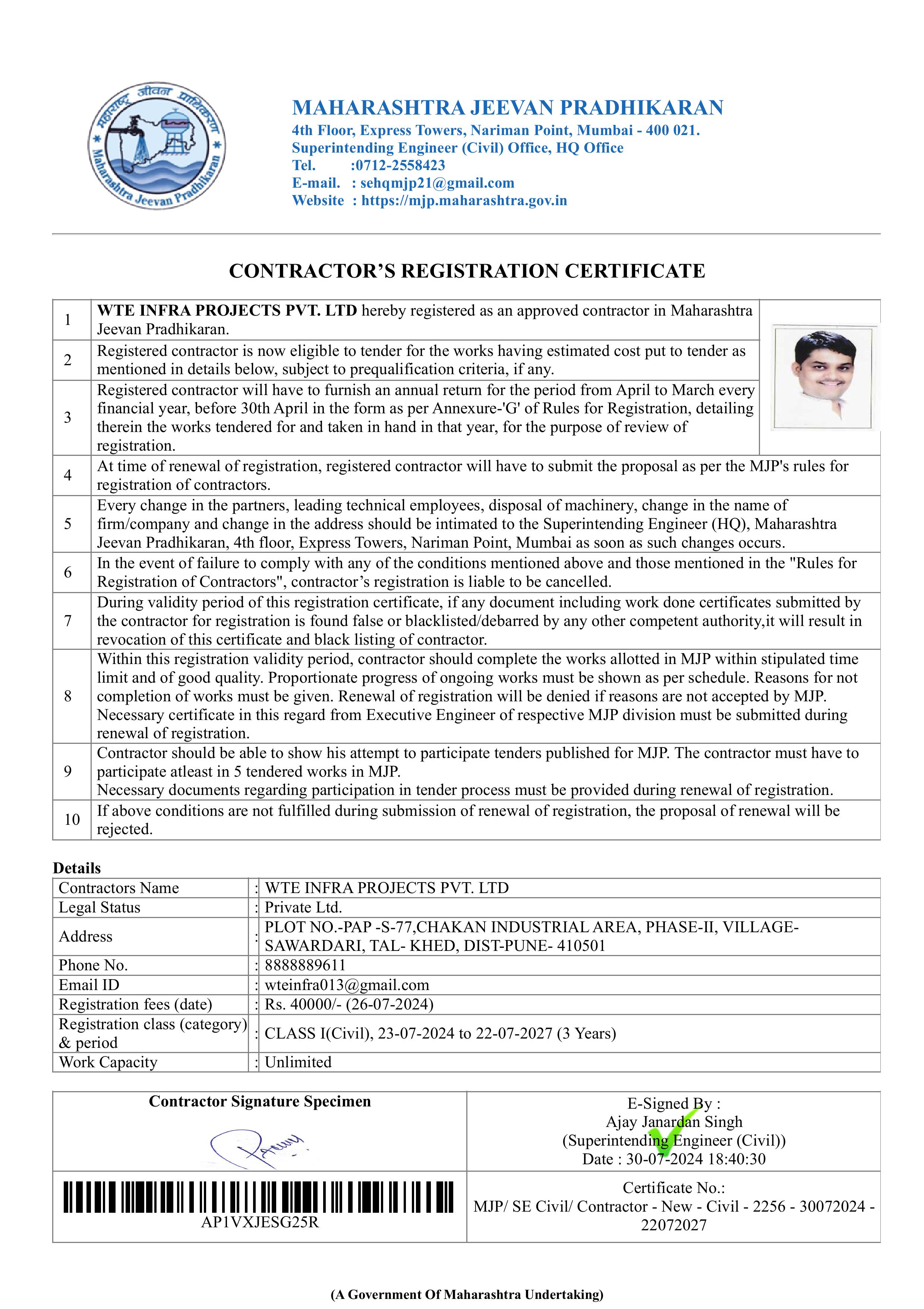 MJP Contractor Certificate