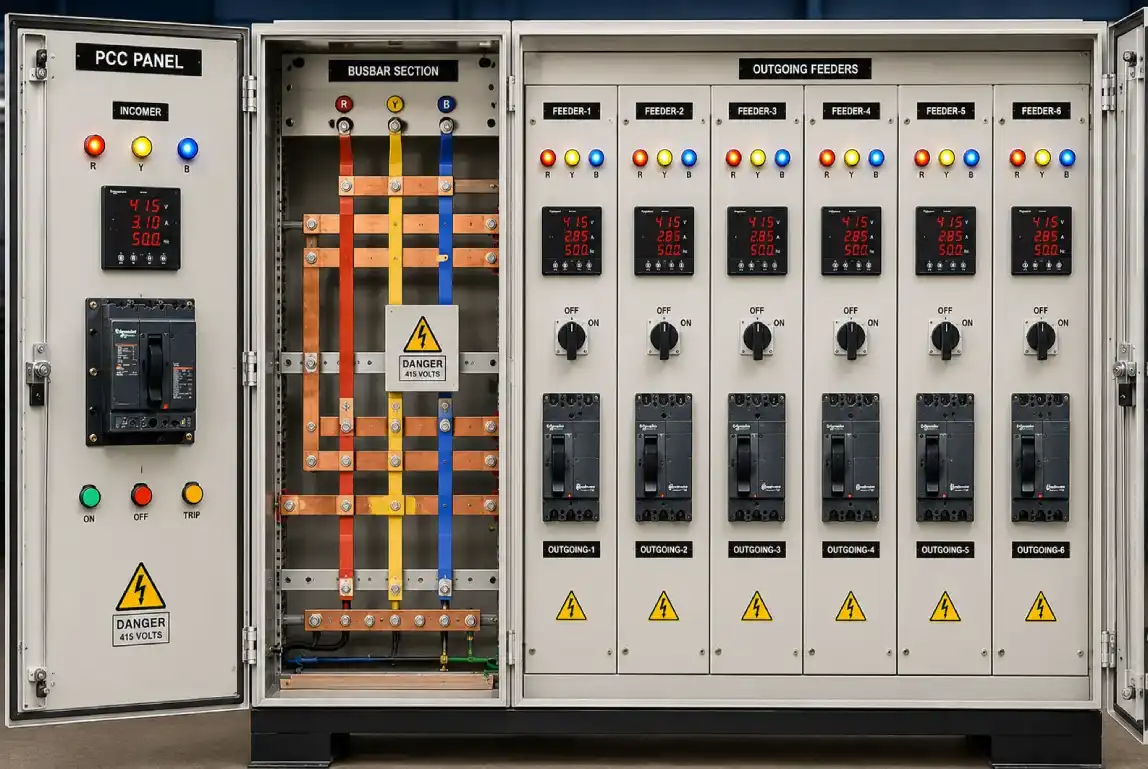PCC panel with incomer busbars and outgoing feeders