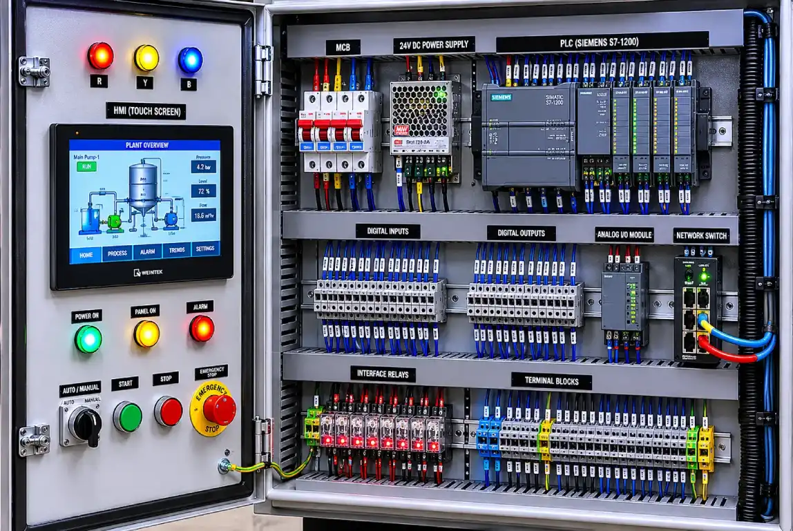 PLC automation panel with HMI and control wiring